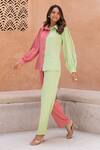 Shop B'Infinite Pink Crushed Crepe Plain Collared Neck Color Block Shirt With Trouser Online at Aza Fashions Shop_B'Infinite_Pink Crushed Crepe Plain Collared Neck Color Block Shirt With Trouser_Online_at_Aza_Fashions