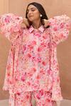 B'Infinite_Pink Georgette Print Floral Collared Neck Primrose Shirt With Trouser _at_Aza_Fashions