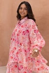 Buy_B'Infinite_Pink Georgette Print Floral Collared Neck Primrose Shirt With Trouser 