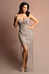 Buy_Eli Bitton_Silver Shell Net Embroidery Crystals Sweetheart Strapless Asymmetrical Gown _at_Aza_Fashions