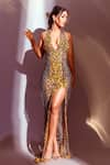 Buy_Eli Bitton_Yellow Net Embroidery Sequin Plunge V Neck Miss Universe Geometric Gown _at_Aza_Fashions