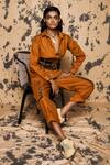 Buy_Rara Avis_Orange Linen Shirt Collar Button Down Jumpsuit_at_Aza_Fashions