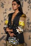 Buy_Rara Avis_Black Linen Satin Embroidered Sequin Lapel Collar Embellished Sleeve Blazer_at_Aza_Fashions