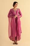 Buy_Kameez_Pink Chanderi, Cotton, Kota Doria Patti, Embroidery Split Stripe Kurta Set 