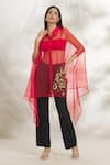 Anaya by Akruthi_Red Organza Hand Painted Floral Spread Collar Poncho Shirt _Online_at_Aza_Fashions