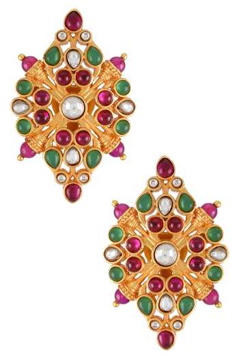 Shop_Tribe Amrapali_Green Crystals, Pearls Gulnar Embellished Stud Earrings _at_Aza_Fashions