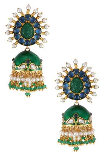 Shop_Tribe Amrapali_Multi Color Crystals, Pearls Sabaa Embellished Jhumkas _at_Aza_Fashions
