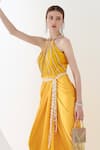 Buy_Mehak Talreja Couturre_Yellow Satin Embroidered Bead Halter Sunflower Draped Maxi Dress  _Online_at_Aza_Fashions