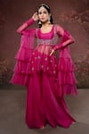 Buy_The Aarya_Pink Chanderi, Viscose Embroidery, Sequins, Glitter Hand Peplum Top Gharara Set _at_Aza_Fashions