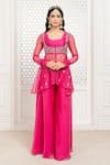 Buy_The Aarya_Pink Chanderi, Viscose Embroidery, Sequins, Glitter Hand Peplum Top Gharara Set _Online_at_Aza_Fashions