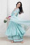Buy_The Aarya_Blue Chanderi, Viscose Embroidery, Sequins V-neck Sleeve Anarkali Palazzo Set _Online_at_Aza_Fashions