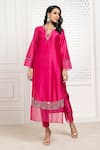 Buy_The Aarya_Pink Chanderi, Viscose Sequins, Beads Split V-neck Embroidered Kurta Pant Set _Online_at_Aza_Fashions