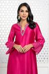 Shop_The Aarya_Pink Chanderi, Viscose Sequins, Beads Split V-neck Embroidered Kurta Pant Set _Online_at_Aza_Fashions