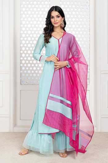 Buy_The Aarya_Blue Handloom Cotton, Chanderi, Viscose V-neck Solid Kurta Palazzo Set _at_Aza_Fashions