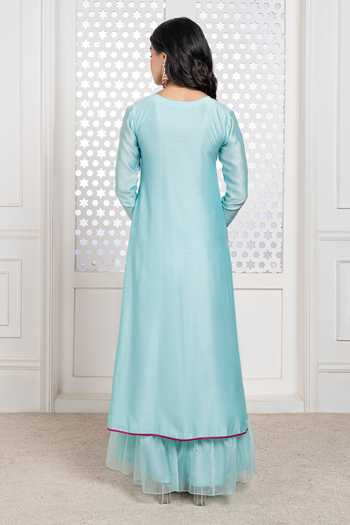 Shop_The Aarya_Blue Handloom Cotton, Chanderi, Viscose V-neck Solid Kurta Palazzo Set _at_Aza_Fashions