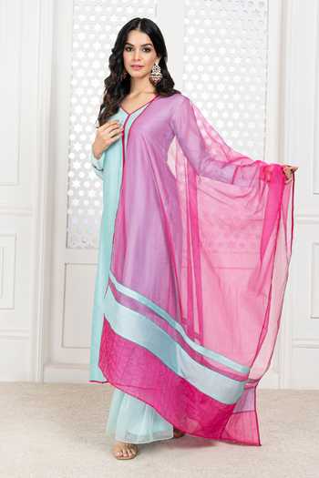The Aarya_Blue Handloom Cotton, Chanderi, Viscose V-neck Solid Kurta Palazzo Set _Online_at_Aza_Fashions