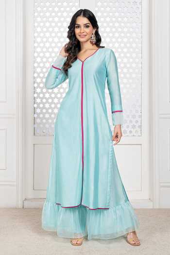 Buy_The Aarya_Blue Handloom Cotton, Chanderi, Viscose V-neck Solid Kurta Palazzo Set _Online_at_Aza_Fashions