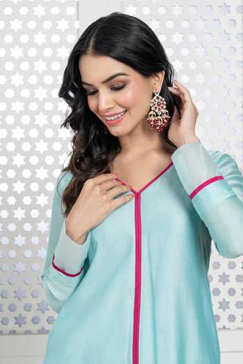 Shop_The Aarya_Blue Handloom Cotton, Chanderi, Viscose V-neck Solid Kurta Palazzo Set _Online_at_Aza_Fashions