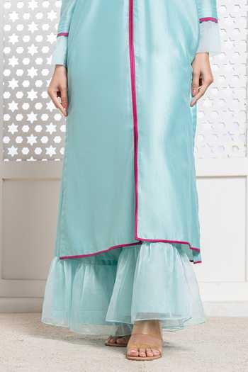 The Aarya_Blue Handloom Cotton, Chanderi, Viscose V-neck Solid Kurta Palazzo Set _at_Aza_Fashions
