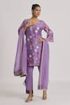 Buy_Kaia_Purple Chanderi Printed Floral V Neck Kurta High Low Pant Set _at_Aza_Fashions