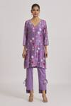 Buy_Kaia_Purple Chanderi Printed Floral V Neck Kurta High Low Pant Set _Online_at_Aza_Fashions