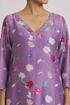 Shop_Kaia_Purple Chanderi Printed Floral V Neck Kurta High Low Pant Set _at_Aza_Fashions