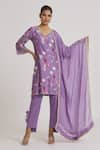 Kaia_Purple Chanderi Printed Floral V Neck Kurta High Low Pant Set _at_Aza_Fashions