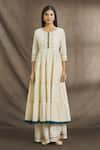 Samyukta Singhania_Off White Cotton Embroidery Chikankari Round Neck Schiffli Tiered Anarkali _Online_at_Aza_Fashions