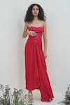 Buy_Amrta By Guneet Kondal_Red Lurex, Satin, Viscose Glitter Bandeau Neck Corset Bustier With Draped Skirt _at_Aza_Fashions