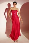 Shop_Amrta By Guneet Kondal_Red Lurex, Satin, Viscose Glitter Bandeau Neck Corset Bustier With Draped Skirt _Online_at_Aza_Fashions
