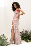 Buy_Amrta By Guneet Kondal_White Polyester, Viscose Beads, Fabric Flowers V-neck Floral Print Maxi Dress _at_Aza_Fashions