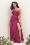 Buy_Amrta By Guneet Kondal_Maroon Viscose Embroidery One Shoulder Strap Dress _at_Aza_Fashions
