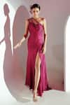 Shop_Amrta By Guneet Kondal_Maroon Viscose Embroidery One Shoulder Strap Dress _Online_at_Aza_Fashions