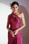 Shop_Amrta By Guneet Kondal_Maroon Viscose Embroidery One Shoulder Strap Dress _at_Aza_Fashions