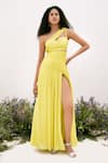 Buy_AMRTA by GUNEET KONDAL_Yellow 100% Chinon Solid One Shoulder Hand-ruched Maxi Dress _at_Aza_Fashions