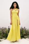 Buy_AMRTA by GUNEET KONDAL_Yellow 100% Chinon Solid One Shoulder Hand-ruched Maxi Dress _Online_at_Aza_Fashions