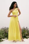 Shop_AMRTA by GUNEET KONDAL_Yellow 100% Chinon Solid One Shoulder Hand-ruched Maxi Dress _Online_at_Aza_Fashions