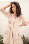 Shop_AMRTA by GUNEET KONDAL_Off White Chanderi V Neck Embroidered Dress _at_Aza_Fashions