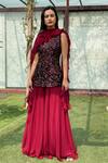 Buy_Swatee Singh_Maroon Georgette Sequins V-neck Embroidered Top Sharara Set _at_Aza_Fashions