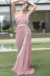 Buy_Swatee Singh_Pink Georgette Thread Square Neck Tasseled Saree With Blouse _at_Aza_Fashions