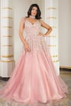 Buy_Tamaraa By Tahani_Pink Tulle Hand Embroidered Sequin Plunged Sweetheart Neck Cut Dana And Gown _at_Aza_Fashions