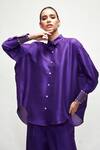 Ranian_Purple Silk Blend Embroidered Pearl Shirt Collar Asymmetric And Pant Set _at_Aza_Fashions