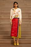 AK-OK_Red Silk Printed Calligraphy Shirt Collar Panelled Wrap Skirt With  _Online_at_Aza_Fashions