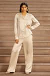 Shop_AK-OK_Grey Silk Piping Collared Lapel Shirt And Pant Set _Online_at_Aza_Fashions