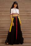 Buy_AK-OK_Black Silk Piping, Patchwork Open Neck Panelled Crop Top With Skirt _at_Aza_Fashions