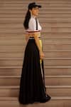 Shop_AK-OK_Black Silk Piping, Patchwork Open Neck Panelled Crop Top With Skirt _at_Aza_Fashions