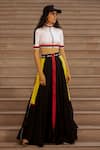 AK-OK_Black Silk Piping, Patchwork Open Neck Panelled Crop Top With Skirt _Online_at_Aza_Fashions
