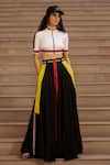 Buy_AK-OK_Black Silk Piping, Patchwork Open Neck Panelled Crop Top With Skirt _Online_at_Aza_Fashions