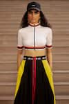 Shop_AK-OK_Black Silk Piping, Patchwork Open Neck Panelled Crop Top With Skirt _Online_at_Aza_Fashions