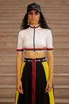 AK-OK_Black Silk Piping, Patchwork Open Neck Panelled Crop Top With Skirt _at_Aza_Fashions